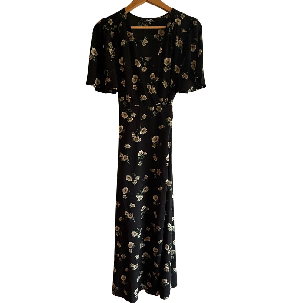 Lulu's Floral Wrap Maxi Dress Womens Small Black Flutter Sleeve‎ Boho